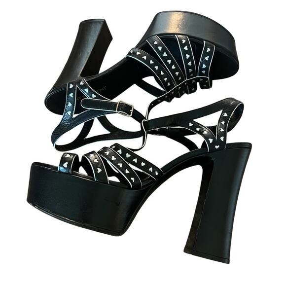 Saint Laurent Black Leather Platform Heel Sandal Silver Hearts EU 40.5 US 10.5 - Picture 8 of 14